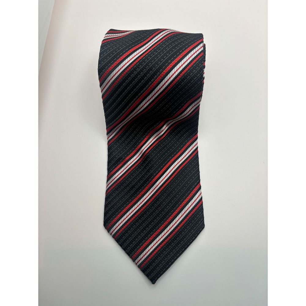Angelino Mens Necktie Black Red White Diagonal Striped Hand Made Microfiber 1608